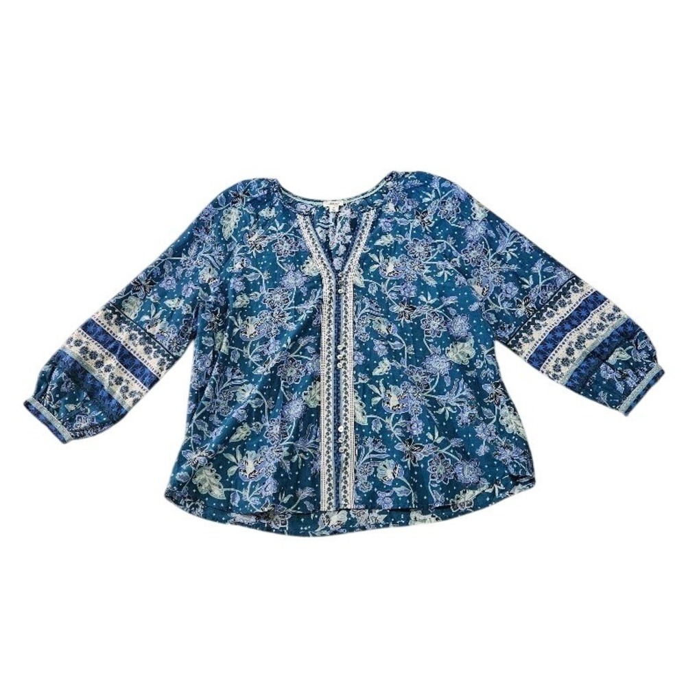 Sundance Blue Floral Cotton Silk Blend V-Neck Blouse XL Boho Star Print Top